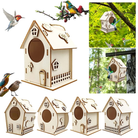 FastXmas Wooden DIY Birdhouse, Creative Hanging Wooden Bird House with Hanging Rope for Small Bird DIY Birdcage Making or Decoration for Brid Loves(3.2*2.5*4.7 Inch)