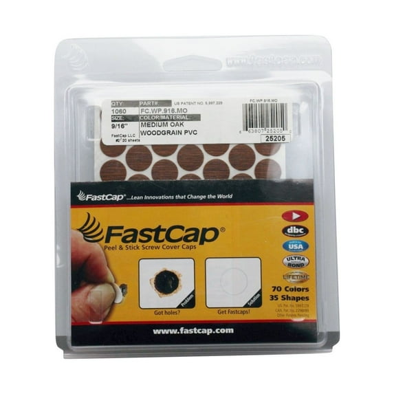 Fastcap 9/16" Adhesive Screw PVC Cap Covers, Medium Oak, Box Of 1060