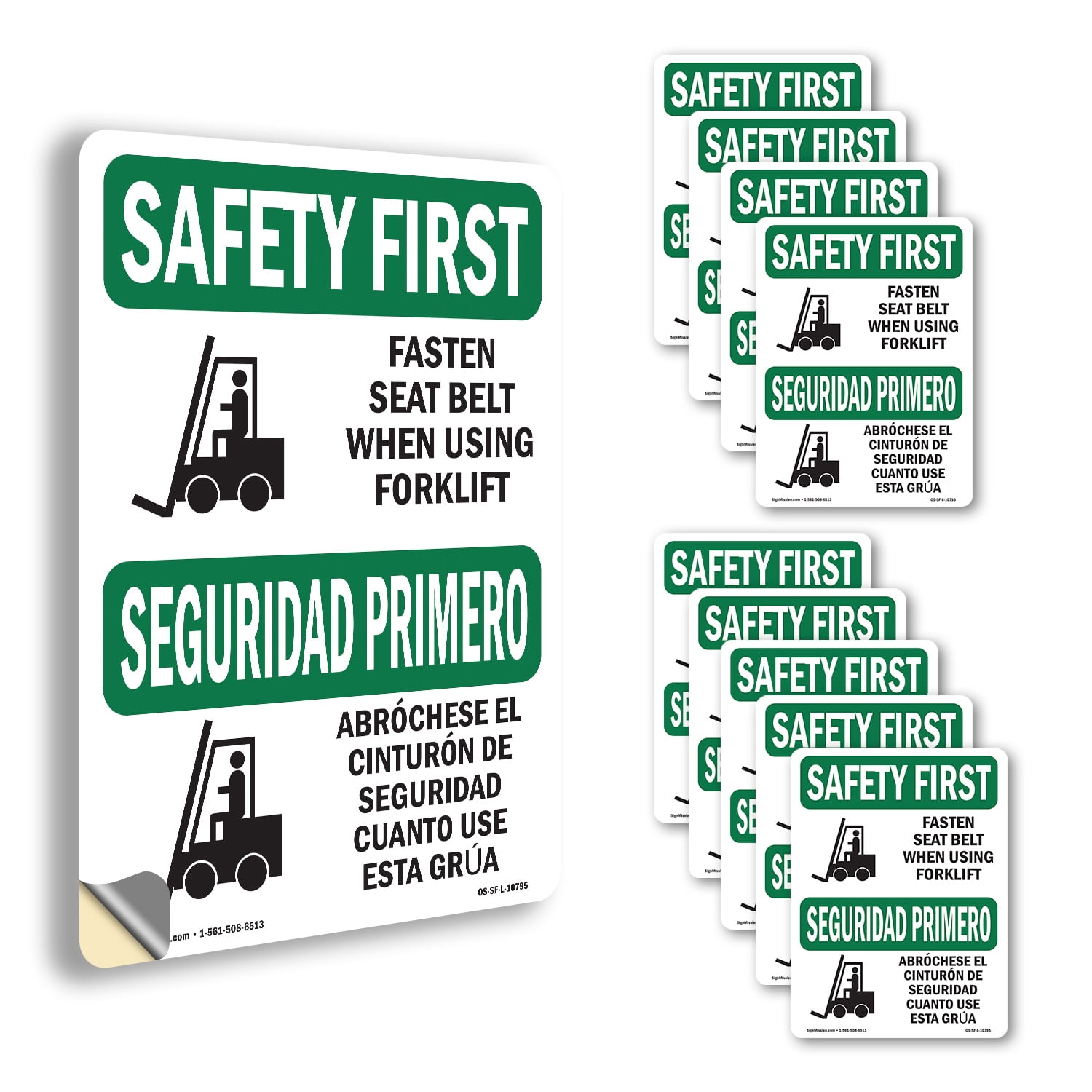 Fasten Belt Using Forklift Bilingual OSHA SAFETY FIRST Vinyl Decal ...