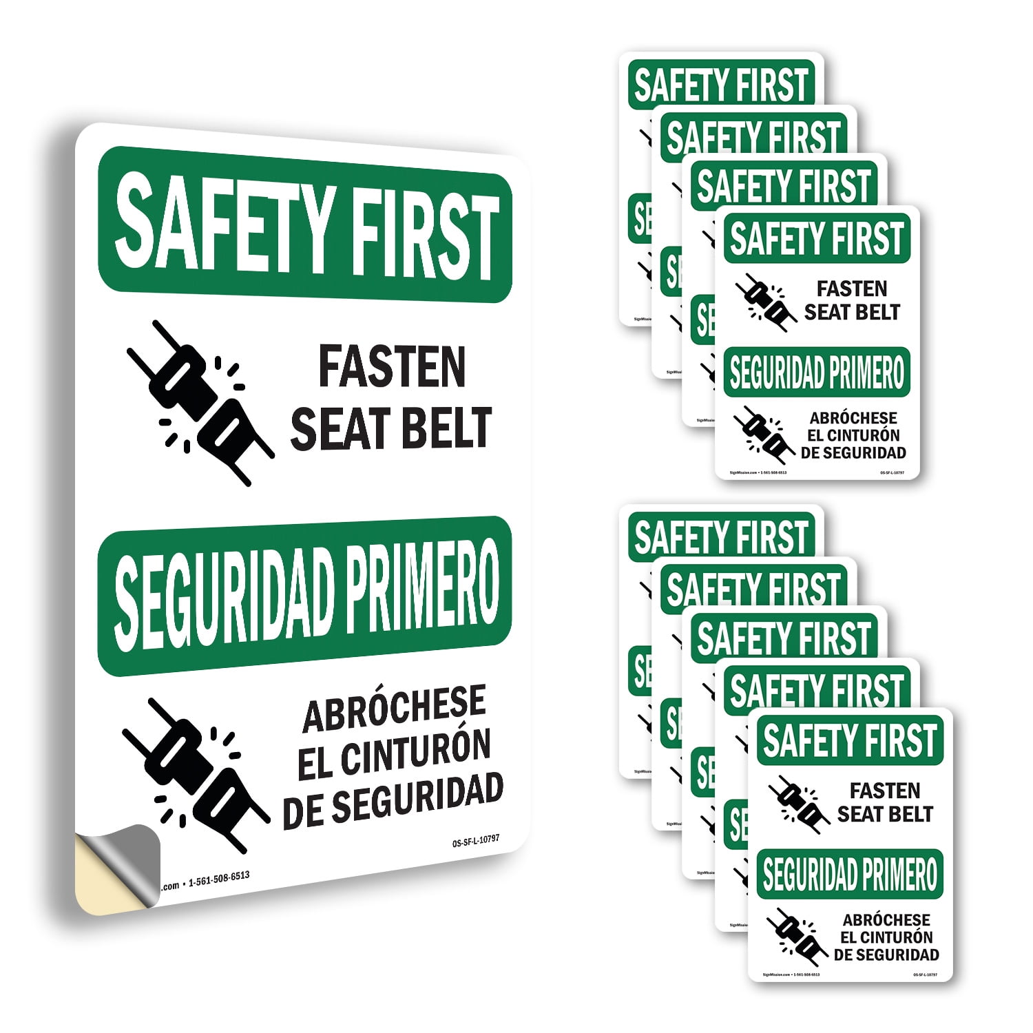 Fasten Seat Belt Bilingual OSHA SAFETY FIRST Vinyl Decal Label 10 Inch ...