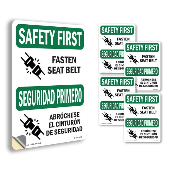 Fasten Seat Belt Bilingual OSHA SAFETY FIRST Vinyl Decal Label 5 Inch x 3.5 Inch - 5 Pack