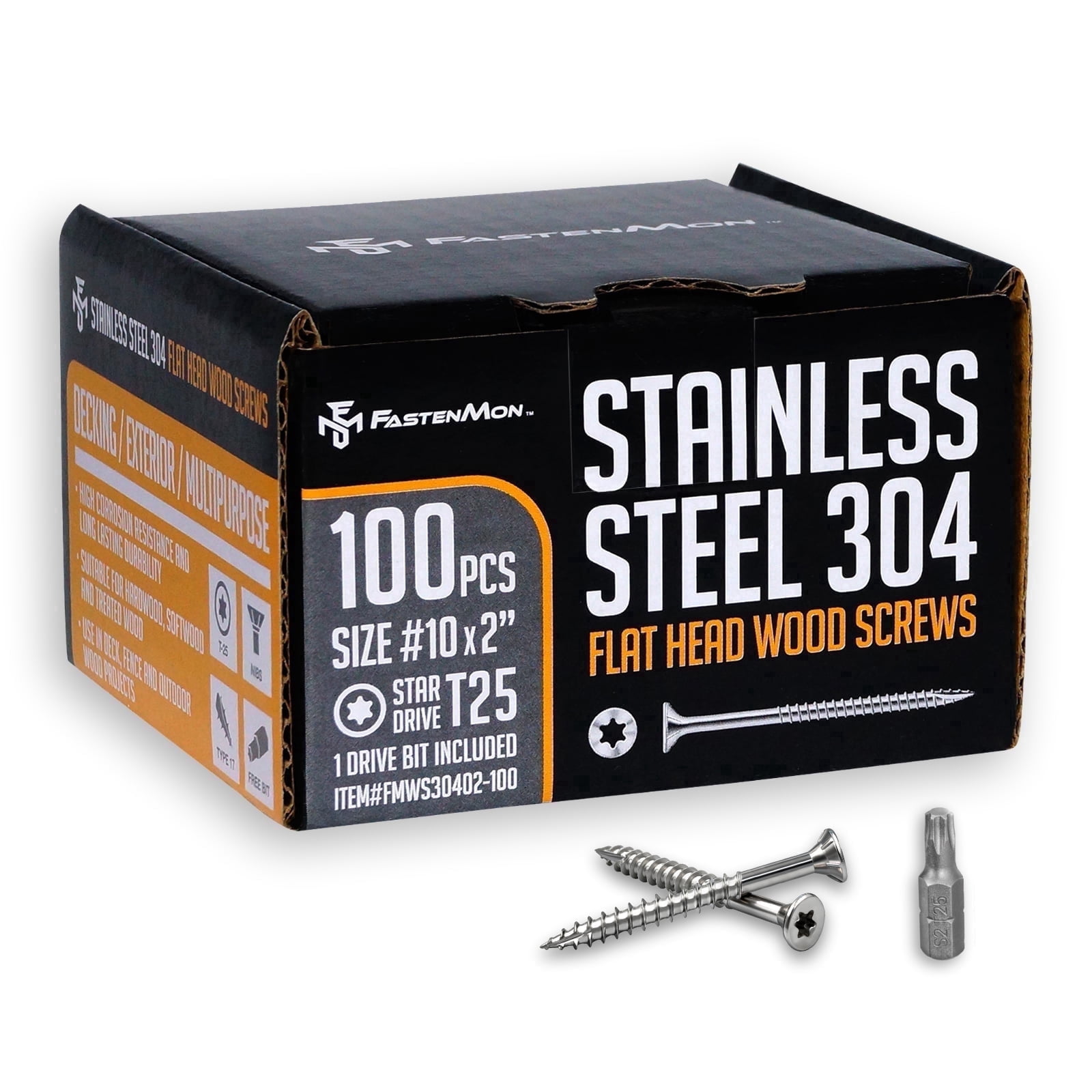 FM FASTENMON #10 x 2 inch 304 Stainless Steel Deck Screws, T25 Star Drive, 100 pack
