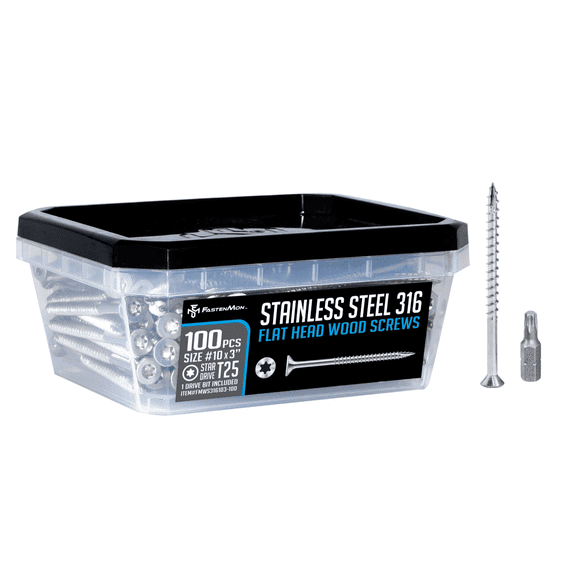 FM FastenMon #10 x 3" Stainless Steel 316 Deck Screws, T25 Star Drive, 100 Pack