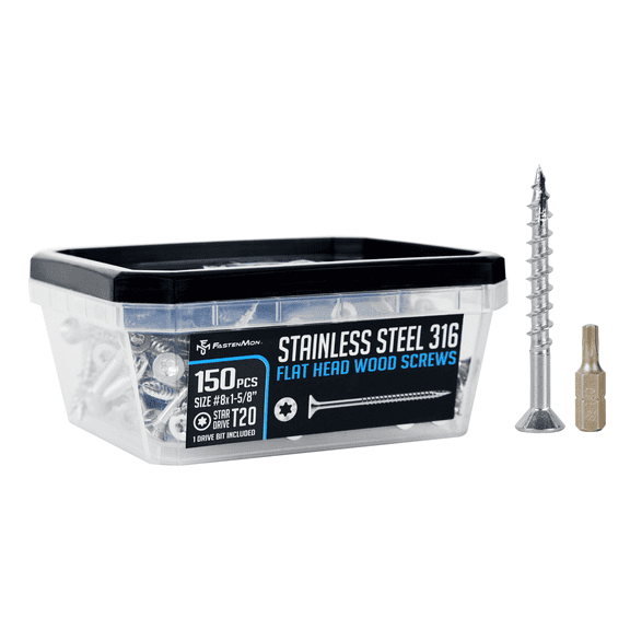FM FastenMon #8 x 1-5/8" Stainless Steel 316 Wood Screws, T20 Star Drive, 150 Pack
