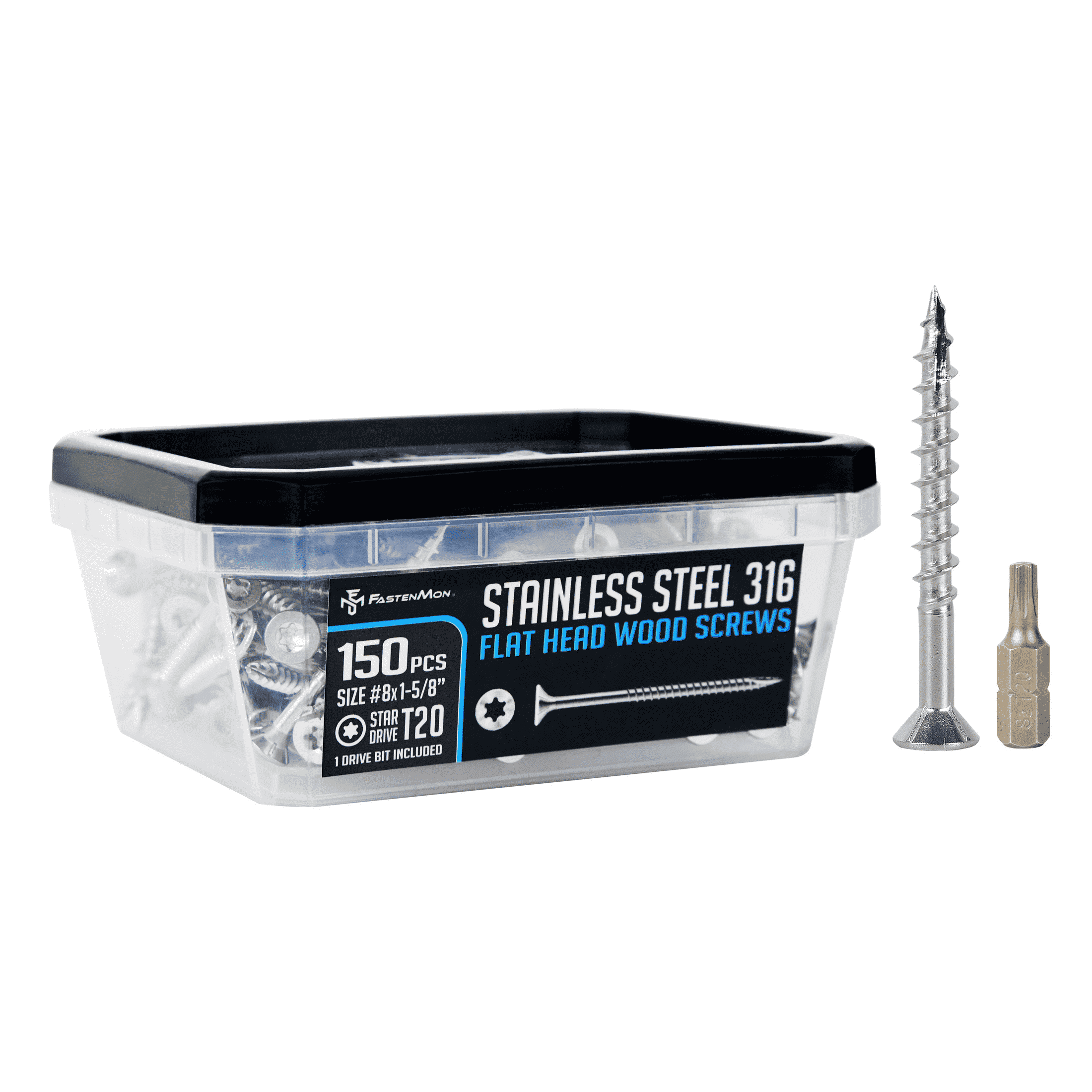 FM FASTENMON #8 x 1-5/8 inch 316 Stainless Steel Wood Screws, T20 Star Drive, 150 pack