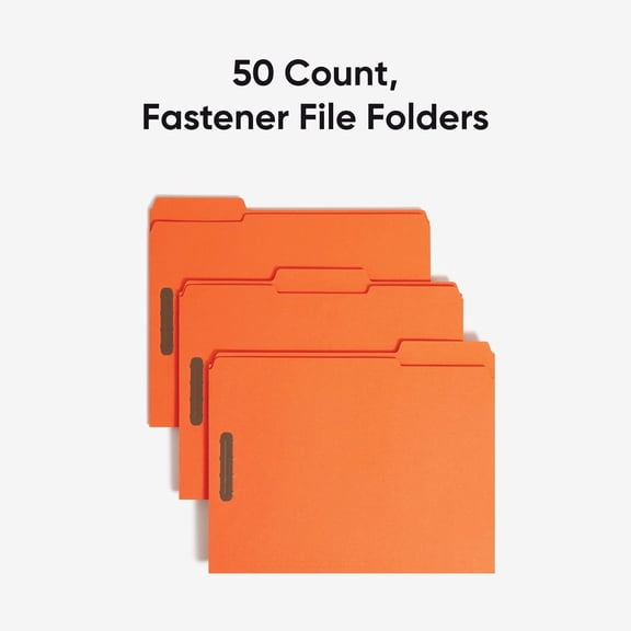 Fastener File Folders, Reinforced 1/3-Cut Tabs, 2 Fasteners, Letter Size, Orange, 50 per Box