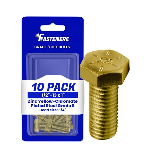 Fastenere 1/2"-13 x 1" Hex Bolts Grade 8 Zinc Yellow-Chromate Plated Steel, Fully Threaded Durable Hex Bolts for Machinery & Construction, Rust-Resistant, Heavy-Duty Fasteners, Pack of 10