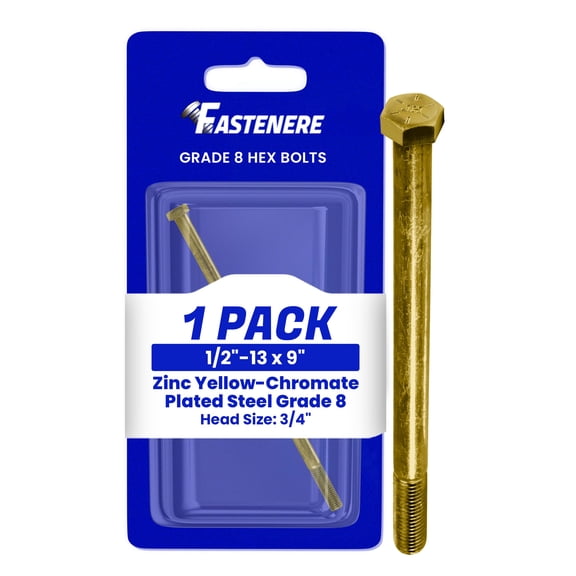 Fastenere 1/2"-13 x 9" Hex Bolts Grade 8 Zinc Yellow-Chromate Plated Steel, Partial Threaded Durable Hex Bolts for Machinery & Construction, Rust-Resistant, Heavy-Duty Fasteners, Pack of 1