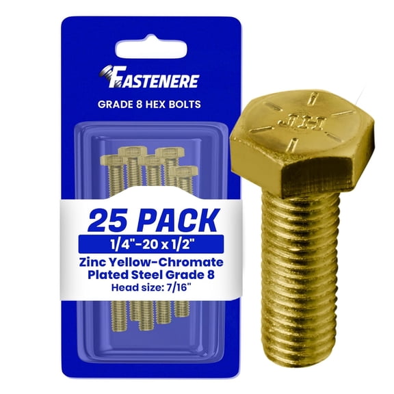 Fastenere 1/4"-20 x 1/2" Hex Bolts Grade 8 Zinc Yellow-Chromate Plated Steel, Fully Threaded Durable Hex Bolts for Machinery & Construction, Rust-Resistant, Heavy-Duty Fasteners, Pack of 25
