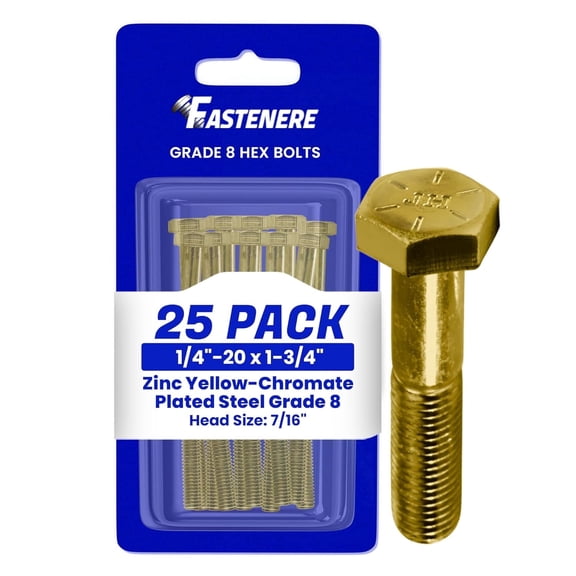 Fastenere Hex Bolts, Grade 8 Zinc Yellow-Chromate Plated Steel, Partial Threaded, Heavy-Duty Fasteners, 1/4"-20 x 1-1/2" (25 Pack)