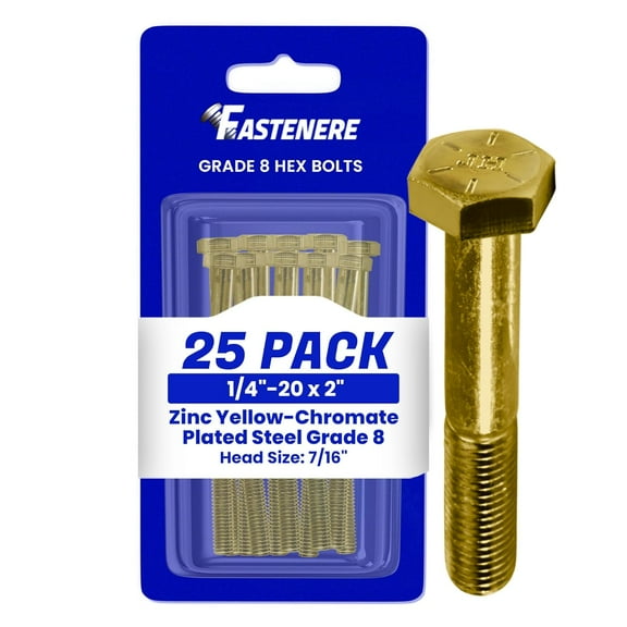 Fastenere 1/4"-20 x 2 Hex Bolts Grade 8 Zinc Yellow-Chromate Plated Steel, Partial Threaded Durable Hex Bolts for Machinery & Construction, Rust-Resistant, Heavy-Duty Fasteners, Pack of 25