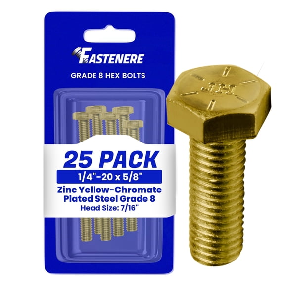 Fastenere Hex Bolts, Grade 8 Zinc Yellow-Chromate Plated Steel, Fully Threaded, Heavy-Duty Fasteners, 1/4"-20 x 5/8" (25 Pack)