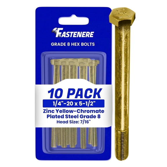Fastenere Hex Bolts, Grade 8 Zinc Yellow-Chromate Plated Steel, Partial Threaded, Heavy-Duty Fasteners, 1/4"-20 x 5" (10 Pack)