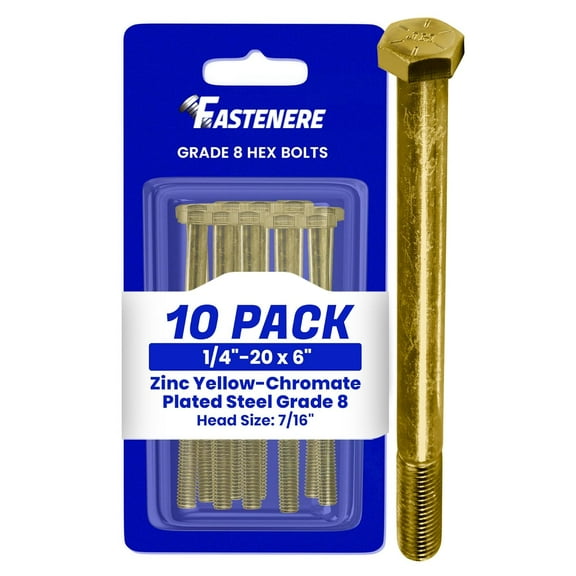 Fastenere 1/4"-20 x 6 Hex Bolts Grade 8 Zinc Yellow-Chromate Plated Steel, Partial Threaded Durable Hex Bolts for Machinery & Construction, Rust-Resistant, Heavy-Duty Fasteners, Pack of 10
