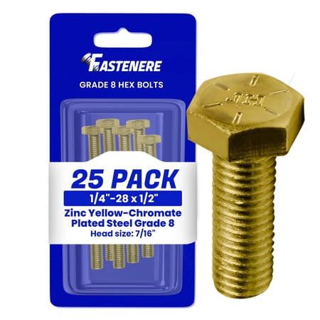 Fastenere Hex Bolts, Grade 8 Zinc Yellow-Chromate Plated Steel, Fully Threaded, Heavy-Duty Fasteners, 1/4"-28 x 1/2" (25 Pack)