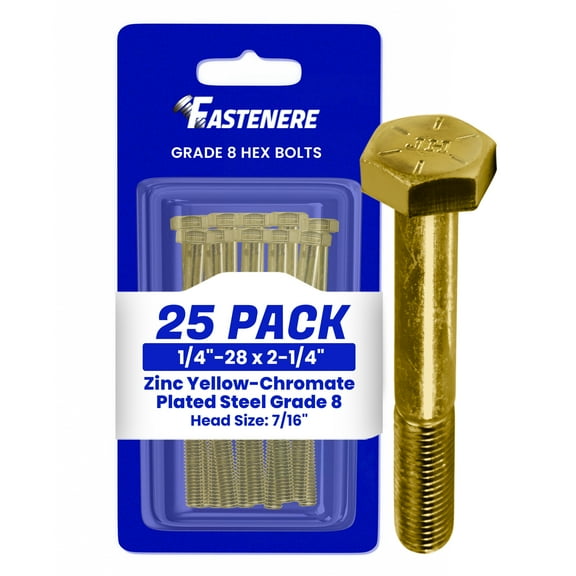 Fastenere 1/4"-28 x 2-1/4" Hex Bolts Grade 8 Zinc Yellow-Chromate Plated Steel, Partial Threaded Durable Hex Bolts for Machinery & Construction, Rust-Resistant, Heavy-Duty Fasteners, Pack of 25