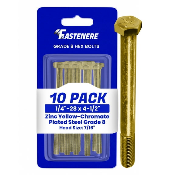 Fastenere 1/4"-28 x 4-1/2" Hex Bolts Grade 8 Zinc Yellow-Chromate Plated Steel, Partial Threaded Durable Hex Bolts for Machinery & Construction, Rust-Resistant, Heavy-Duty Fasteners, Pack of 10