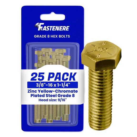 Fastenere 3/8"-16 x 1-1/4" Hex Bolts Grade 8 Zinc Yellow-Chromate Plated Steel, Fully Threaded Durable Hex Bolts for Machinery & Construction, Rust-Resistant, Heavy-Duty Fasteners, Pack of 25