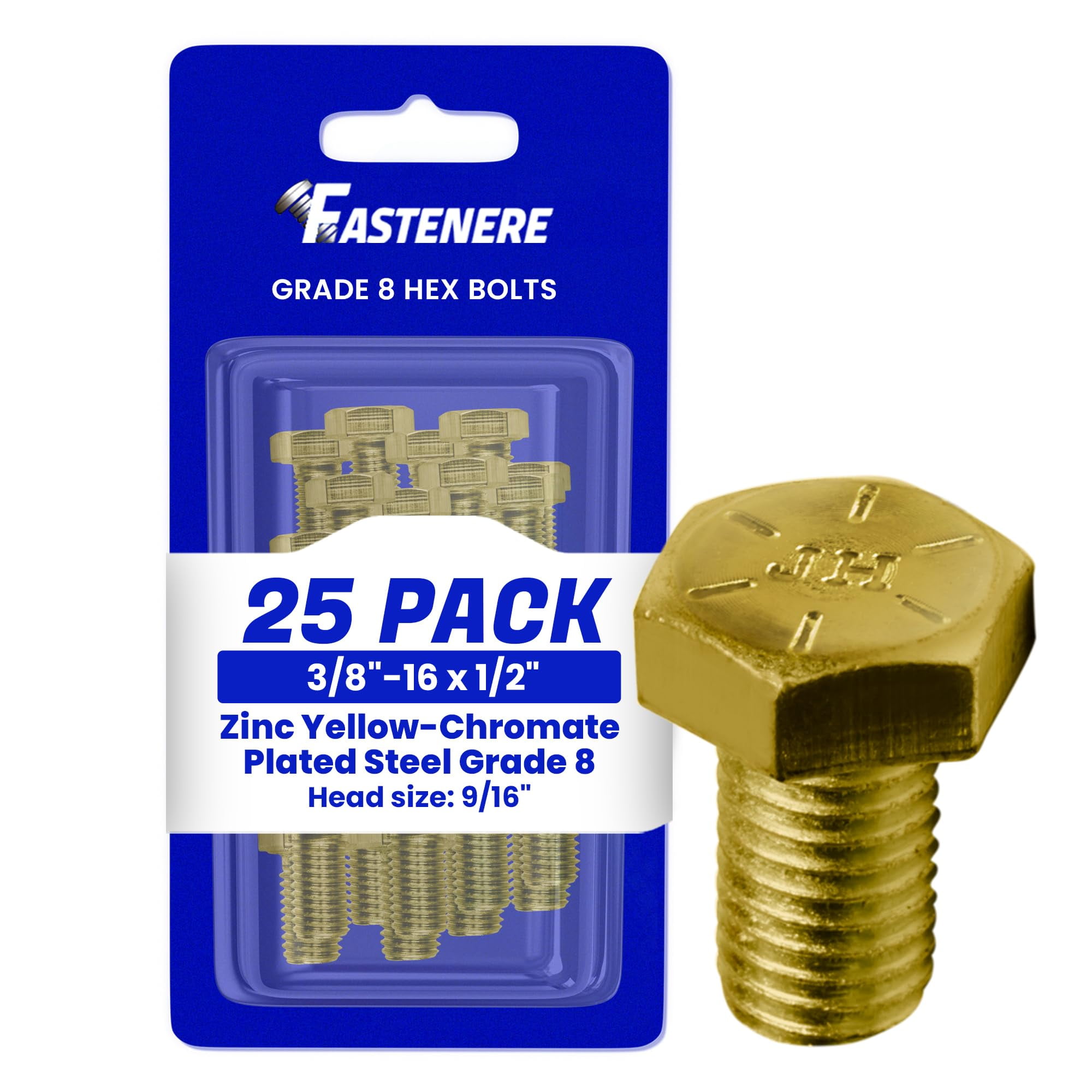 Fastenere 3/8"-16 x 1/2" Hex Bolts Grade 8 Zinc Yellow-Chromate Plated Steel, Fully Threaded Durable Hex Bolts for Machinery & Construction, Rust-Resistant, Heavy-Duty Fasteners, Pack of 25
