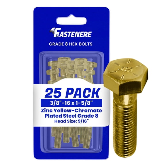 Fastenere 3/8"-16 x 1-5/8" Hex Bolts Grade 8 Zinc Yellow-Chromate Plated Steel, Partial Threaded Durable Hex Bolts for Machinery & Construction, Rust-Resistant, Heavy-Duty Fasteners, Pack of 25