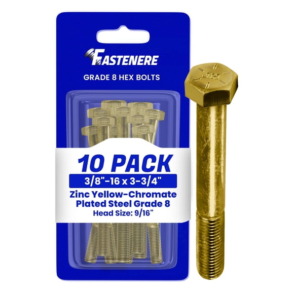 Fastenere 3/8"-16 x 3-3/4" Hex Bolts Grade 8 Zinc Yellow-Chromate Plated Steel, Partial Threaded Durable Hex Bolts for Machinery & Construction, Rust-Resistant, Heavy-Duty Fasteners, Pack of 10