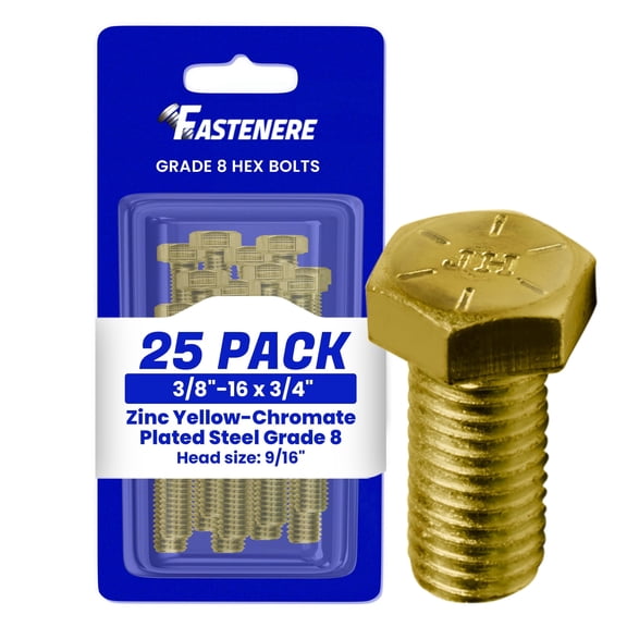 Fastenere 3/8"-16 x 3/4" Hex Bolts Grade 8 Zinc Yellow-Chromate Plated Steel, Fully Threaded Durable Hex Bolts for Machinery & Construction, Rust-Resistant, Heavy-Duty Fasteners, Pack of 25