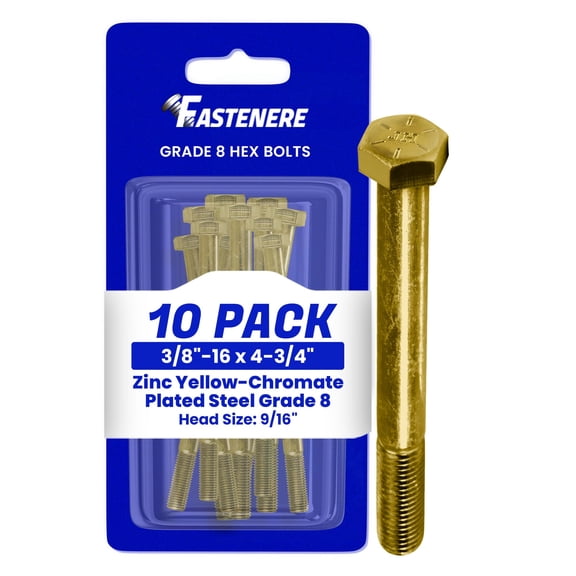 Fastenere 3/8"-16 x 4-3/4" Hex Bolts Grade 8 Zinc Yellow-Chromate Plated Steel, Partial Threaded Durable Hex Bolts for Machinery & Construction, Rust-Resistant, Heavy-Duty Fasteners, Pack of 10