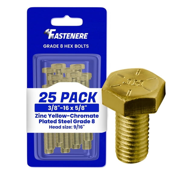 Fastenere 3/8"-16 x 5/8" Hex Bolts Grade 8 Zinc Yellow-Chromate Plated Steel, Fully Threaded Durable Hex Bolts for Machinery & Construction, Rust-Resistant, Heavy-Duty Fasteners, Pack of 25