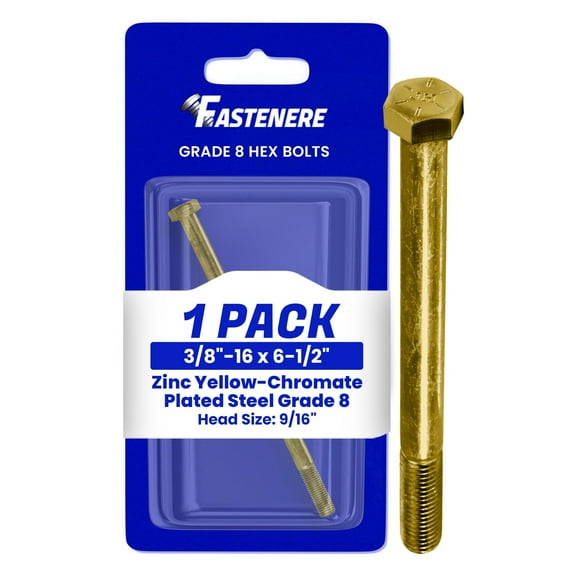 Fastenere 3/8"-16 x 6-1/2" Hex Bolts Grade 8 Zinc Yellow-Chromate Plated Steel, Partial Threaded Durable Hex Bolts for Machinery & Construction, Rust-Resistant, Heavy-Duty Fasteners, Pack of 1