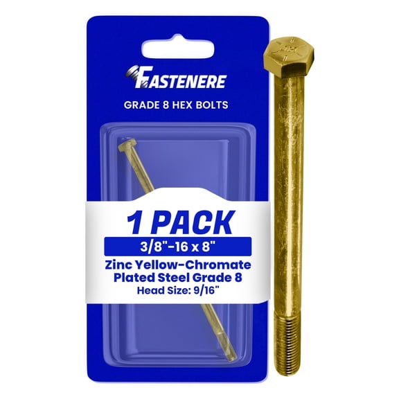 Fastenere 3/8"-16 x 8" Hex Bolts Grade 8 Zinc Yellow-Chromate Plated Steel, Partial Threaded Durable Hex Bolts for Machinery & Construction, Rust-Resistant, Heavy-Duty Fasteners, Pack of 1