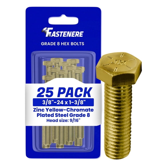 Fastenere 3/8"-24 x 1-3/8" Hex Bolts Grade 8 Zinc Yellow-Chromate Plated Steel, Fully Threaded Durable Hex Bolts for Machinery & Construction, Rust-Resistant, Heavy-Duty Fasteners, Pack of 25