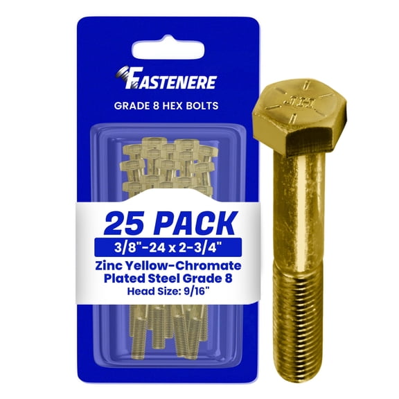 Fastenere 3/8"-24 x 2-1/2" Hex Bolts Grade 8 Zinc Yellow-Chromate Plated Steel, Partial Threaded Durable Hex Bolts for Machinery & Construction, Rust-Resistant, Heavy-Duty Fasteners, Pack of 25
