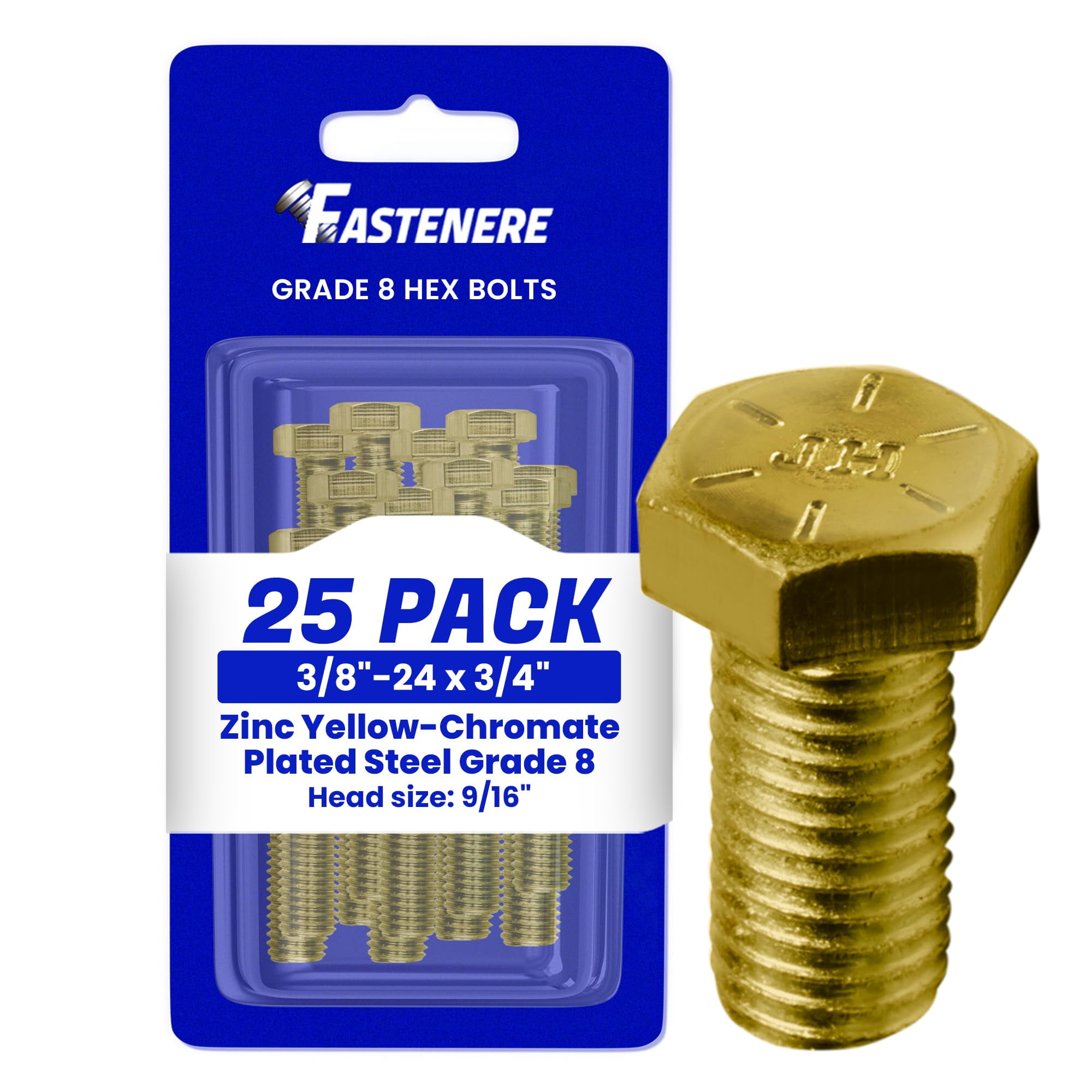 Fastenere 3/8"-24 x 3/4" Hex Bolts Grade 8 Zinc Yellow-Chromate Plated Steel, Fully Threaded Durable Hex Bolts for Machinery & Construction, Rust-Resistant, Heavy-Duty Fasteners, Pack of 25