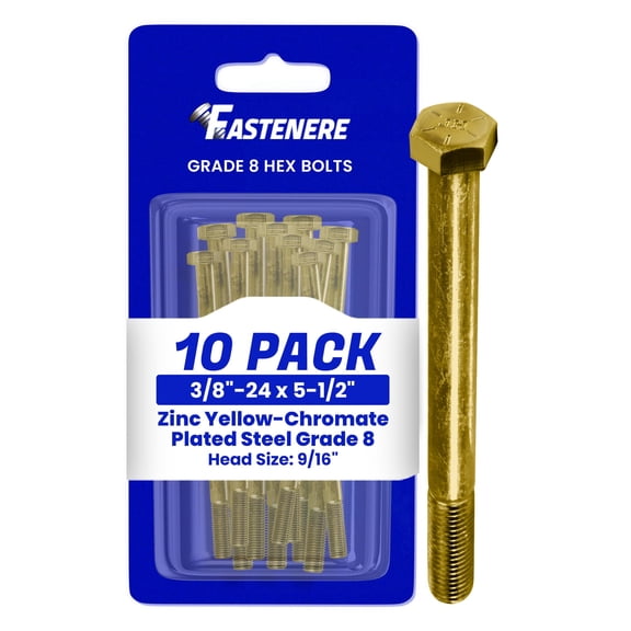 Fastenere 3/8"-24 x 5-1/2" Hex Bolts Grade 8 Zinc Yellow-Chromate Plated Steel, Partial Threaded Durable Hex Bolts for Machinery & Construction, Rust-Resistant, Heavy-Duty Fasteners, Pack of 10