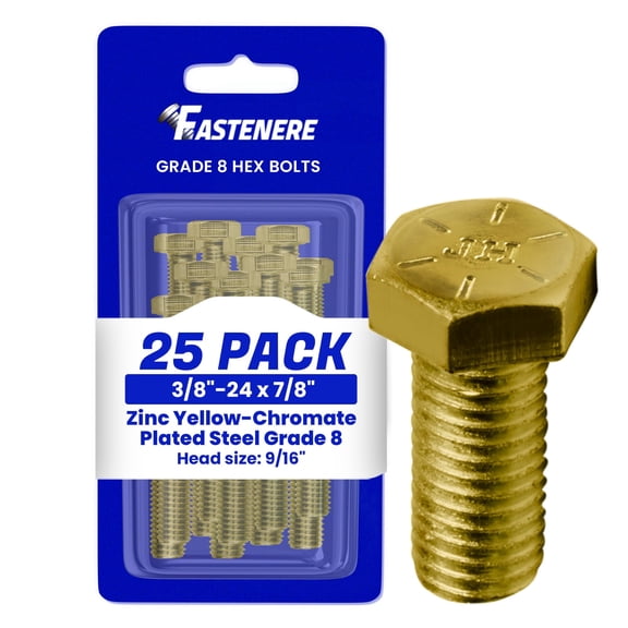 Fastenere 3/8"-24 x 7/8" Hex Bolts Grade 8 Zinc Yellow-Chromate Plated Steel, Fully Threaded Durable Hex Bolts for Machinery & Construction, Rust-Resistant, Heavy-Duty Fasteners, Pack of 25