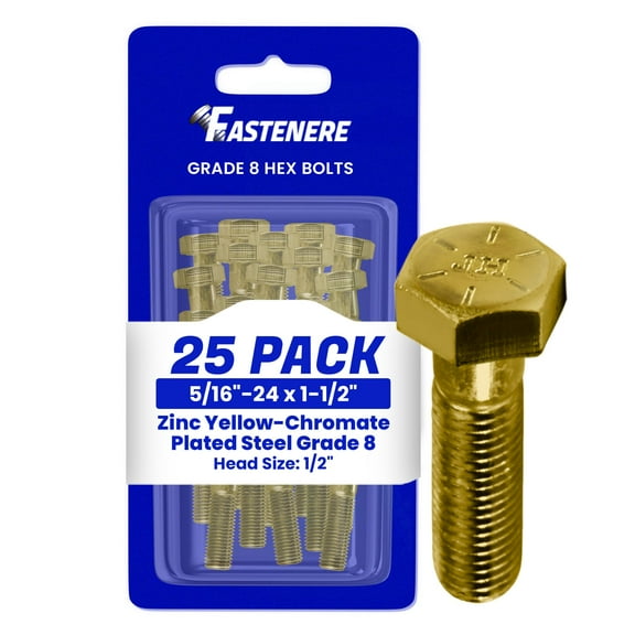 Fastenere 5/16"-24 x 1-1/2" Hex Bolts Grade 8 Zinc Yellow-Chromate Plated Steel, Partial Threaded Durable Hex Bolts for Machinery & Construction, Rust-Resistant, Heavy-Duty Fasteners, Pack of 25
