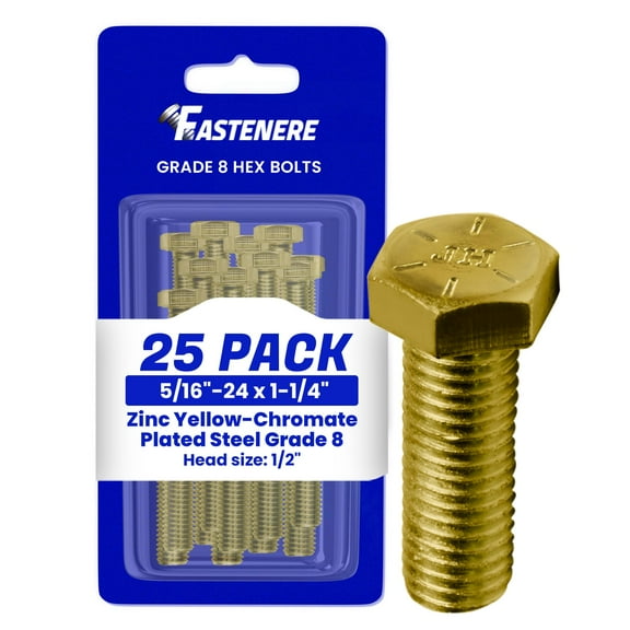 Fastenere 5/16"-24 x 1-1/4" Hex Bolts Grade 8 Zinc Yellow-Chromate Plated Steel, Fully Threaded Durable Hex Bolts for Machinery & Construction, Rust-Resistant, Heavy-Duty Fasteners, Pack of 25