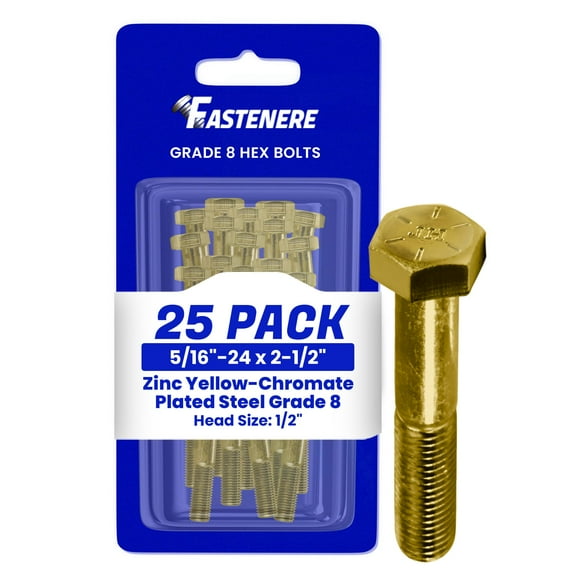 Fastenere 5/16"-24 x 2-1/2" Hex Bolts Grade 8 Zinc Yellow-Chromate Plated Steel, Partial Threaded Durable Hex Bolts for Machinery & Construction, Rust-Resistant, Heavy-Duty Fasteners, Pack of 25