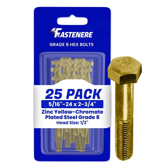 Fastenere 5/16"-24 x 2-3/4" Hex Bolts Grade 8 Zinc Yellow-Chromate Plated Steel, Partial Threaded Durable Hex Bolts for Machinery & Construction, Rust-Resistant, Heavy-Duty Fasteners, Pack of 25
