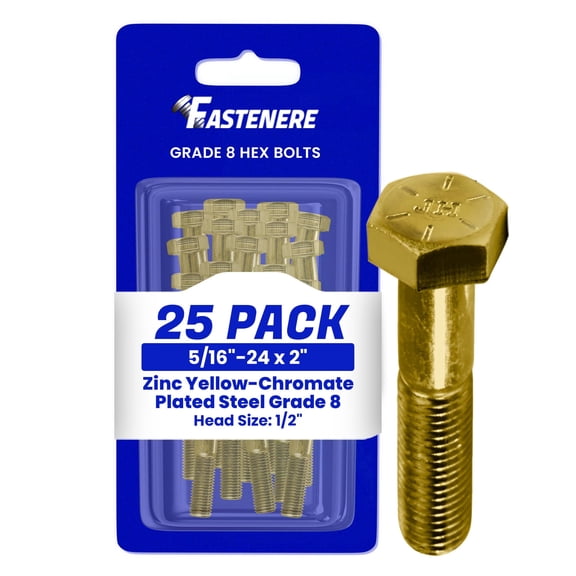 Fastenere 5/16"-24 x 2" Hex Bolts Grade 8 Zinc Yellow-Chromate Plated Steel, Partial Threaded Durable Hex Bolts for Machinery & Construction, Rust-Resistant, Heavy-Duty Fasteners, Pack of 25