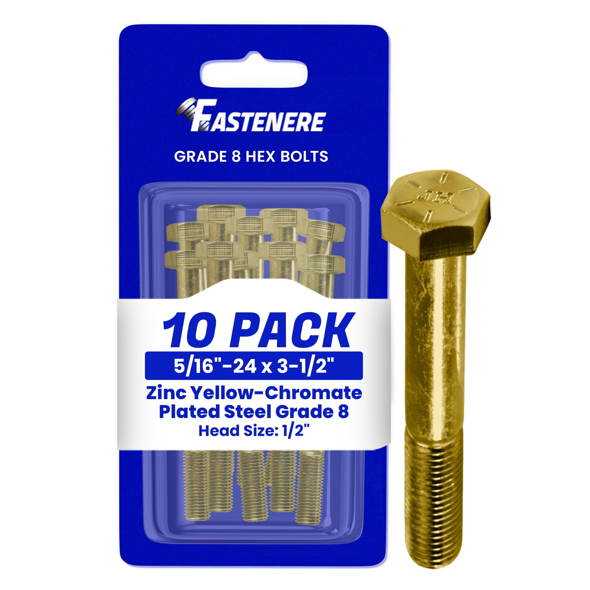Fastenere 5/16"-24 x 3-1/2" Hex Bolts Grade 8 Zinc Yellow-Chromate Plated Steel, Partial Threaded Durable Hex Bolts for Machinery & Construction, Rust-Resistant, Heavy-Duty Fasteners, Pack of 10