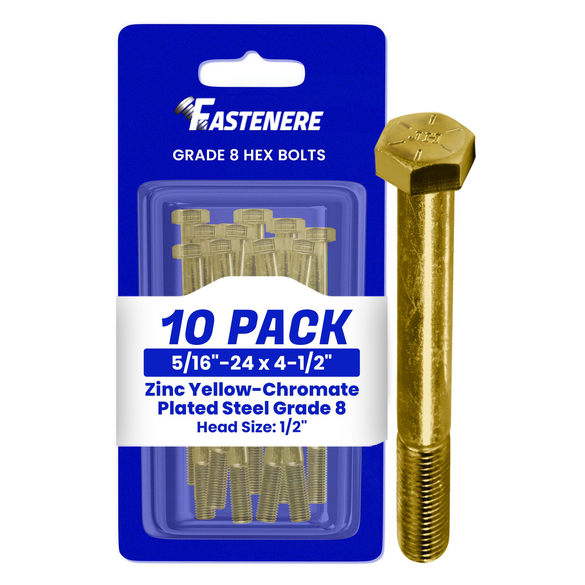 Fastenere 5/16"-24 x 4-1/2" Hex Bolts Grade 8 Zinc Yellow-Chromate Plated Steel, Partial Threaded Durable Hex Bolts for Machinery & Construction, Rust-Resistant, Heavy-Duty Fasteners, Pack of 10