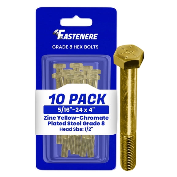 Fastenere 5/16"-24 x 4" Hex Bolts Grade 8 Zinc Yellow-Chromate Plated Steel, Partial Threaded Durable Hex Bolts for Machinery & Construction, Rust-Resistant, Heavy-Duty Fasteners, Pack of 10