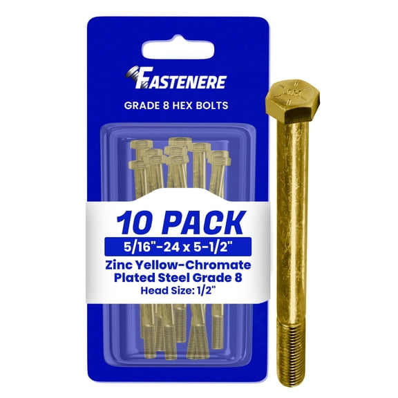 Fastenere 5/16"-24 x 5-1/2" Hex Bolts Grade 8 Zinc Yellow-Chromate Plated Steel, Partial Threaded Durable Hex Bolts for Machinery & Construction, Rust-Resistant, Heavy-Duty Fasteners, Pack of 10