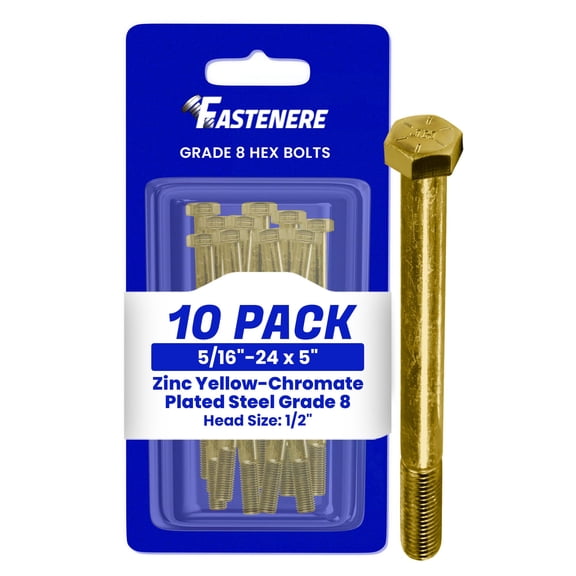 Fastenere 5/16"-24 x 5" Hex Bolts Grade 8 Zinc Yellow-Chromate Plated Steel, Partial Threaded Durable Hex Bolts for Machinery & Construction, Rust-Resistant, Heavy-Duty Fasteners, Pack of 10