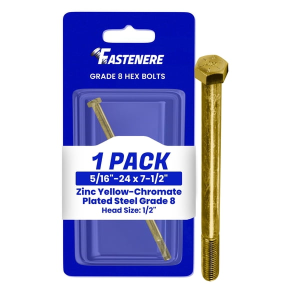 Fastenere 5/16"-24 x 7-1/2" Hex Bolts Grade 8 Zinc Yellow-Chromate Plated Steel, Partial Threaded Durable Hex Bolts for Machinery & Construction, Rust-Resistant, Heavy-Duty Fasteners, Pack of 1