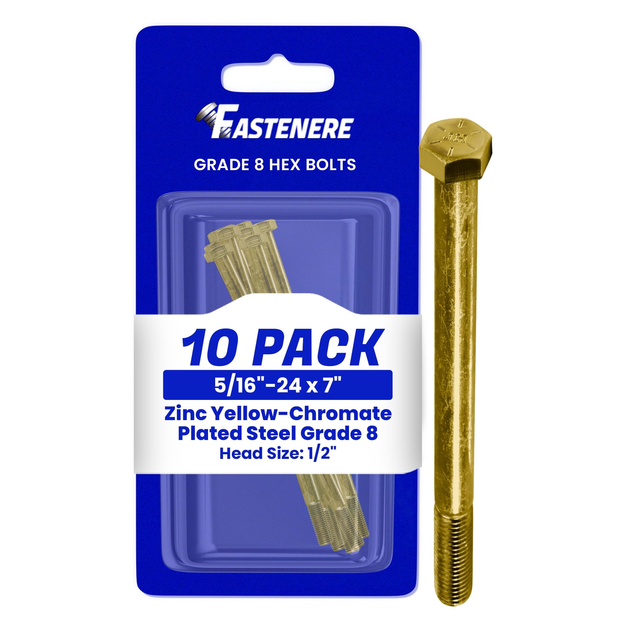 Fastenere 5/16"-24 x 7" Hex Bolts Grade 8 Zinc Yellow-Chromate Plated Steel, Partial Threaded Durable Hex Bolts for Machinery & Construction, Rust-Resistant, Heavy-Duty Fasteners, Pack of 10