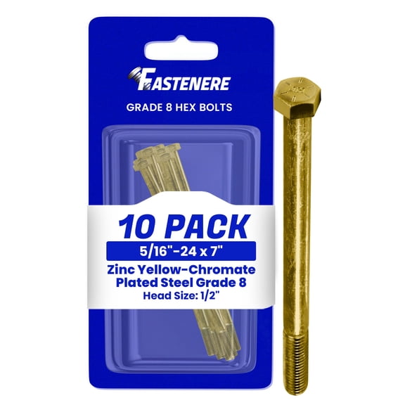 Fastenere 5/16"-24 x 7" Hex Bolts Grade 8 Zinc Yellow-Chromate Plated Steel, Partial Threaded Durable Hex Bolts for Machinery & Construction, Rust-Resistant, Heavy-Duty Fasteners, Pack of 10