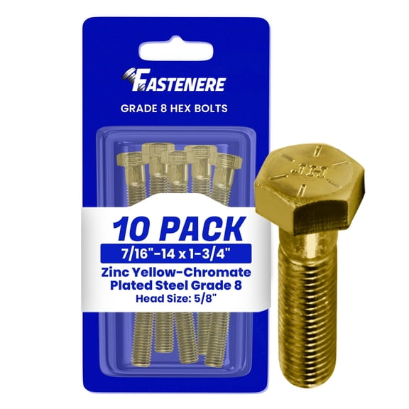 Fastenere 7/16"-14 x 1-3/4" Hex Bolts Grade 8 Zinc Yellow-Chromate Plated Steel, Partial Threaded Durable Hex Bolts for Machinery & Construction, Rust-Resistant, Heavy-Duty Fasteners, Pack of 10