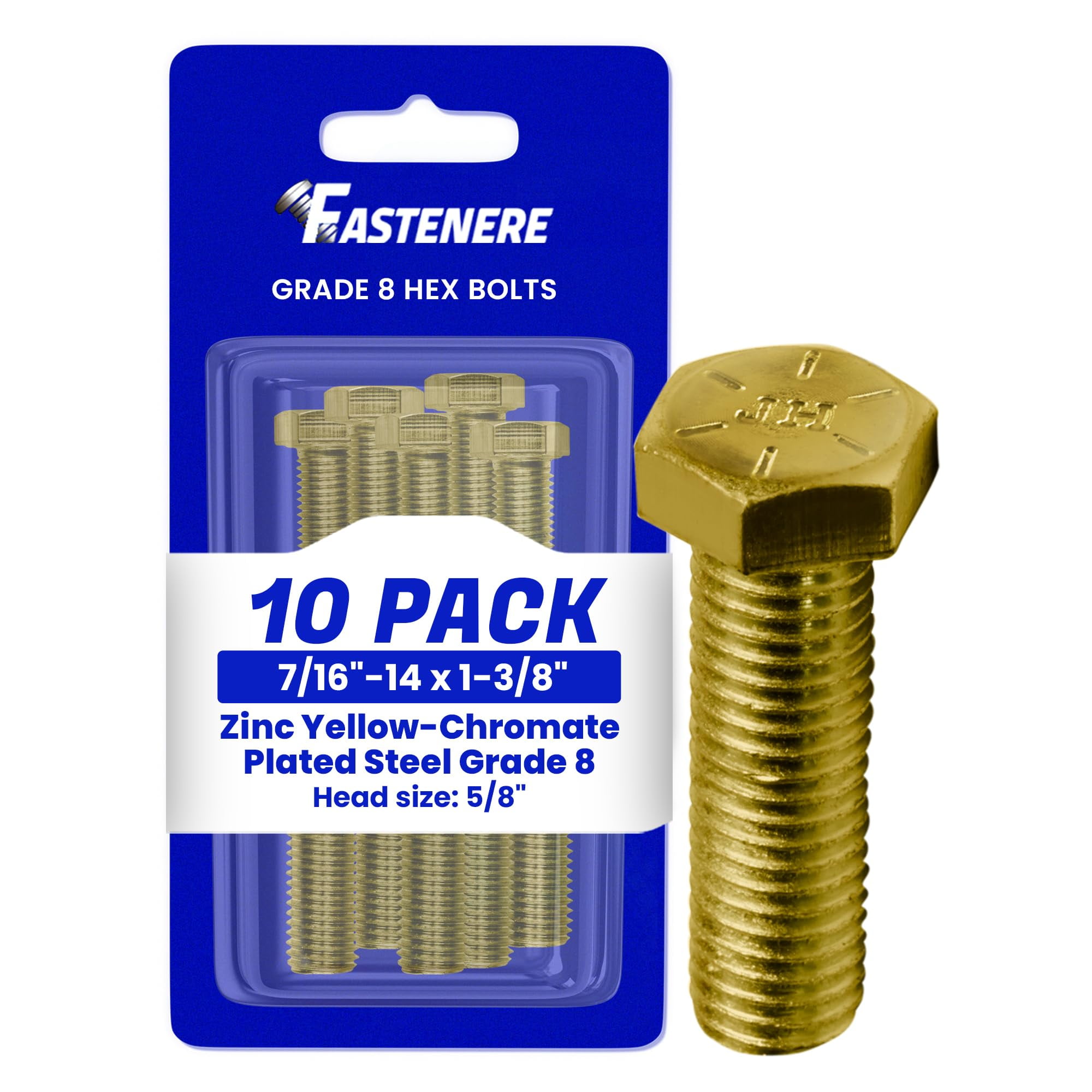 Fastenere 7/16"-14 x 1-3/8" Hex Bolts Grade 8 Zinc Yellow-Chromate Plated Steel, Fully Threaded Durable Hex Bolts for Machinery & Construction, Rust-Resistant, Heavy-Duty Fasteners, Pack of 10